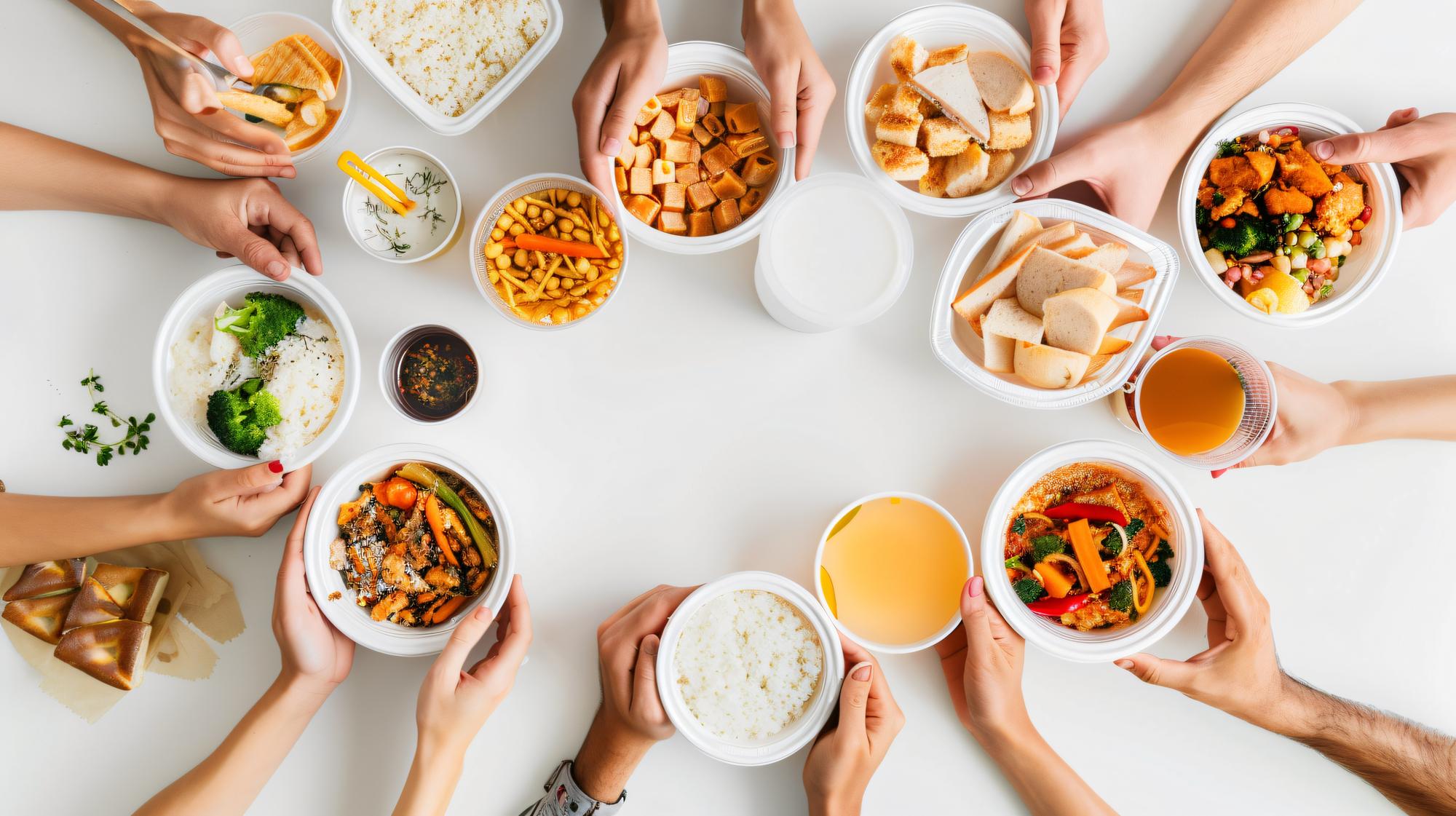 Large spread of prepared meal bowls on table
